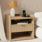 Tavolino da Salotto Moderno in Legno con Stazione di Ricarica, Tavolino Laterale con 1 Cassetto, Porte USB, Comodino, Ampio Spazio di Archiviazione, per Camera da Letto, Soggiorno, Mobile d'Appoggio per la Casa