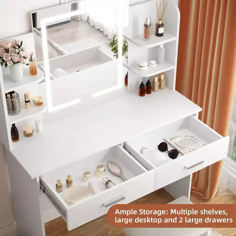 Tavolo da trucco con specchio LED 3 colori di luce luminosità regolabile 6 ripiani 2 cassetti