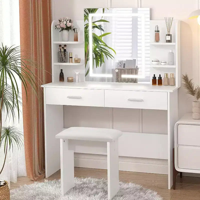 Tavolo da trucco con specchio LED 3 colori di luce luminosità regolabile 6 ripiani 2 cassetti