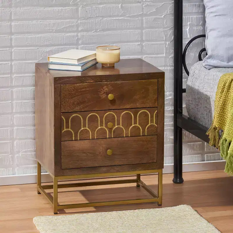 Comodini moderni in legno con base in metallo, tre cassetti portaoggetti, tavolini da comodino per camera da letto, tavolini laterali da divano per soggiorno
