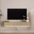 JVNOXK 64-inch modern floating wall-mounted TV stand, suitable for 55-, 60-, and 65-inch TVs, featuring ample storage space. Wood-tone