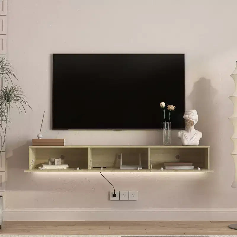 Mobile TV moderno sospeso da 64 pollici, adatto per TV da 55, 60 e 65 pollici, con ampio spazio di archiviazione. Tonalità legno