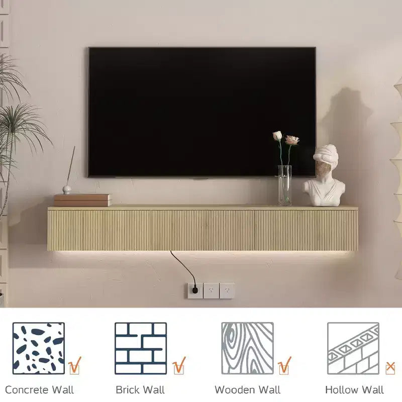 Mobile TV moderno sospeso da 64 pollici, adatto per TV da 55, 60 e 65 pollici, con ampio spazio di archiviazione. Tonalità legno