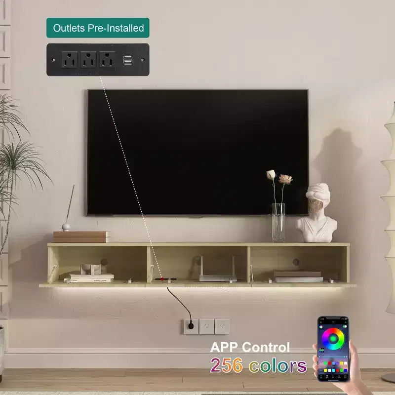 Mobile TV moderno sospeso da 64 pollici, adatto per TV da 55, 60 e 65 pollici, con ampio spazio di archiviazione. Tonalità legno