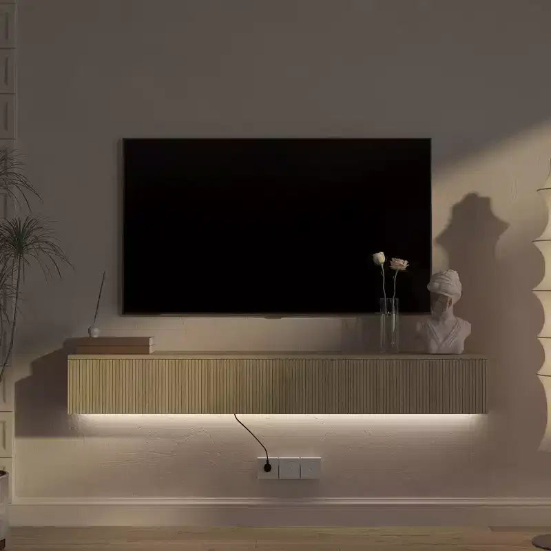 Mobile TV moderno sospeso da 64 pollici, adatto per TV da 55, 60 e 65 pollici, con ampio spazio di archiviazione. Tonalità legno