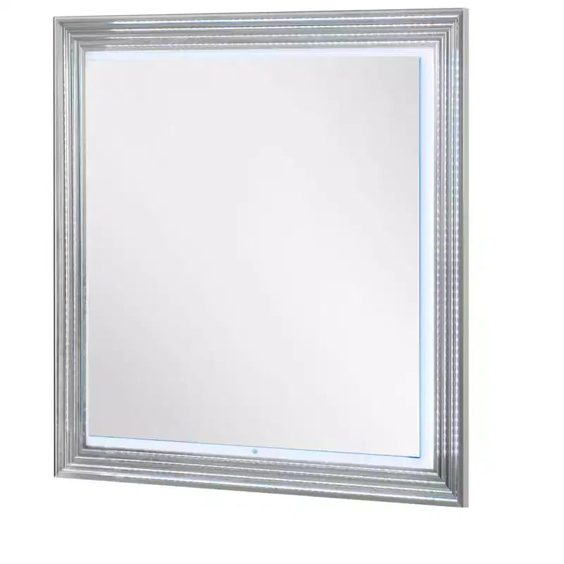 Specchio da comò incorniciato illuminato White Wood Square da 42 pollici