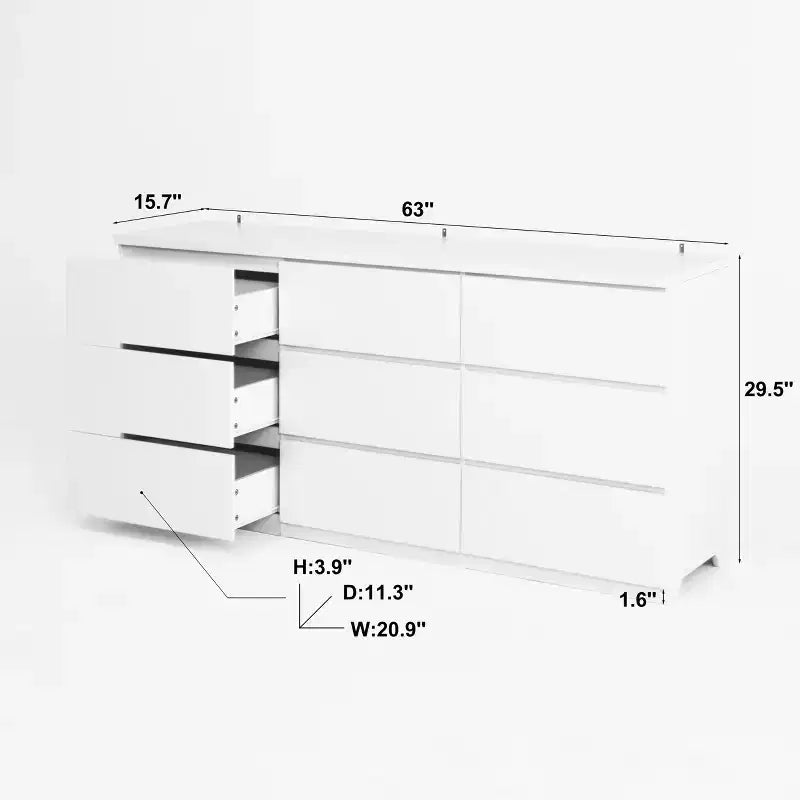 Cassettiera a 9 cassetti con design senza maniglie, cassettiera moderna in legno bianco opaco per camera da letto, cassettiera per soggiorno