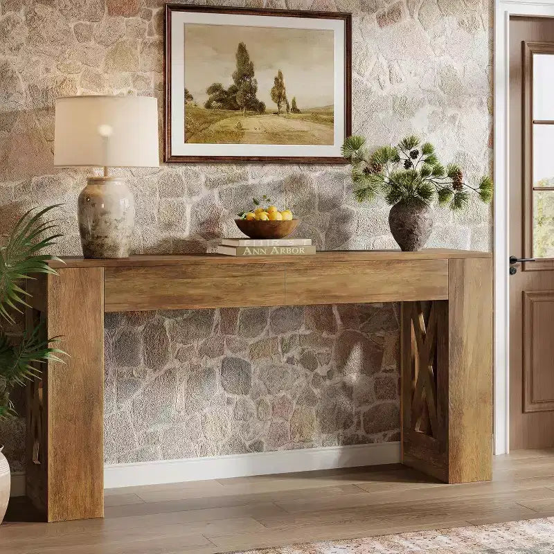 Tavolo consolle lungo 160 cm, tavolo da ingresso in stile rustico con 2 cassetti e gambe a X per ingresso, corridoio, soggiorno, marrone caldo