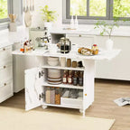 JVNOXK 47-inch wooden collapsible folding dining table with storage cabinet; equipped with 6 wheels; marble-patterned kitchen island, white