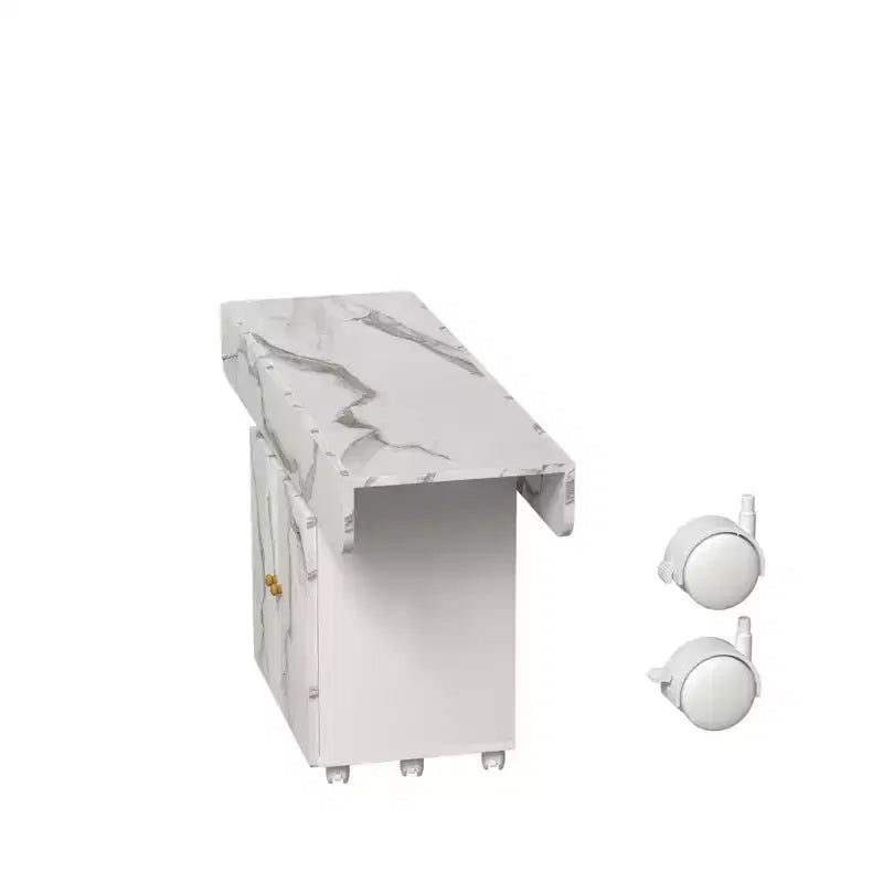 Tavolo da pranzo pieghevole in legno da 47 pollici con armadietto contenitore; dotato di 6 ruote; isola da cucina con motivo in marmo, bianco