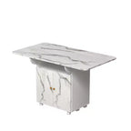 Tavolo da pranzo pieghevole in legno da 47 pollici con armadietto contenitore; dotato di 6 ruote; isola da cucina con motivo in marmo, bianco