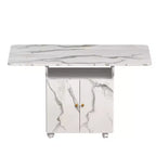 Tavolo da pranzo pieghevole in legno da 47 pollici con armadietto contenitore; dotato di 6 ruote; isola da cucina con motivo in marmo, bianco
