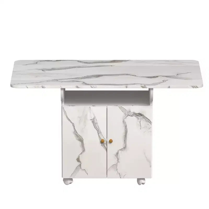 Tavolo da pranzo pieghevole in legno da 47 pollici con armadietto contenitore; dotato di 6 ruote; isola da cucina con motivo in marmo, bianco