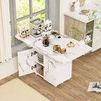 Tavolo da pranzo pieghevole in legno da 47 pollici con armadietto contenitore; dotato di 6 ruote; isola da cucina con motivo in marmo, bianco