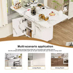 Tavolo da pranzo pieghevole in legno da 47 pollici con armadietto contenitore; dotato di 6 ruote; isola da cucina con motivo in marmo, bianco