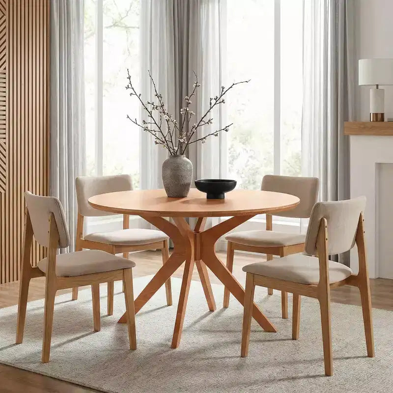 Tavolo da pranzo rotondo in legno massello da 47 pollici, base a piedistallo intersecante color miele per 4-6 persone per cucina e sala da pranzo