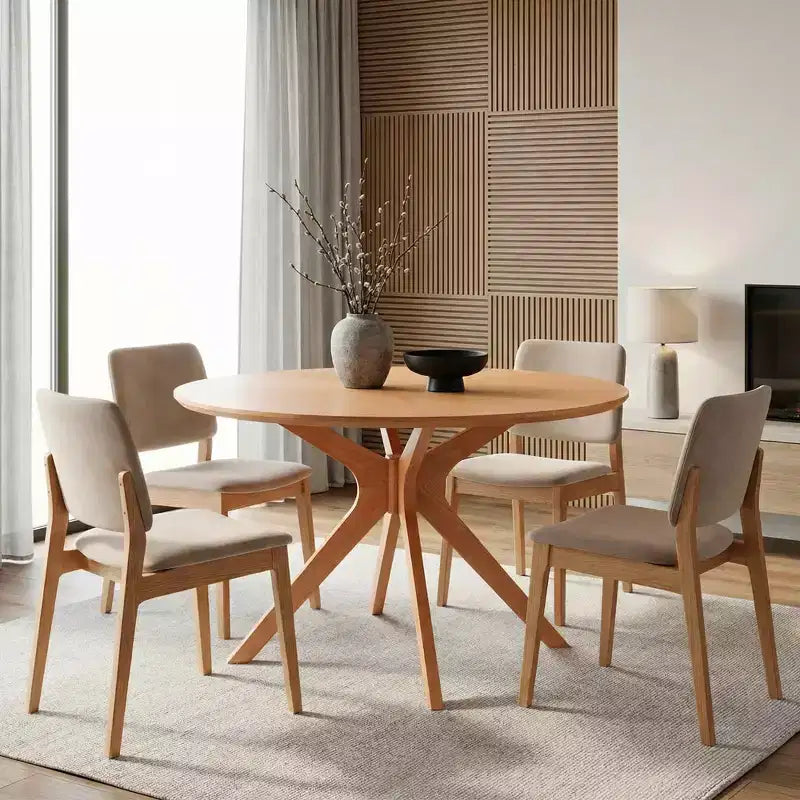 Tavolo da pranzo rotondo in legno massello da 47 pollici, base a piedistallo intersecante color miele per 4-6 persone per cucina e sala da pranzo