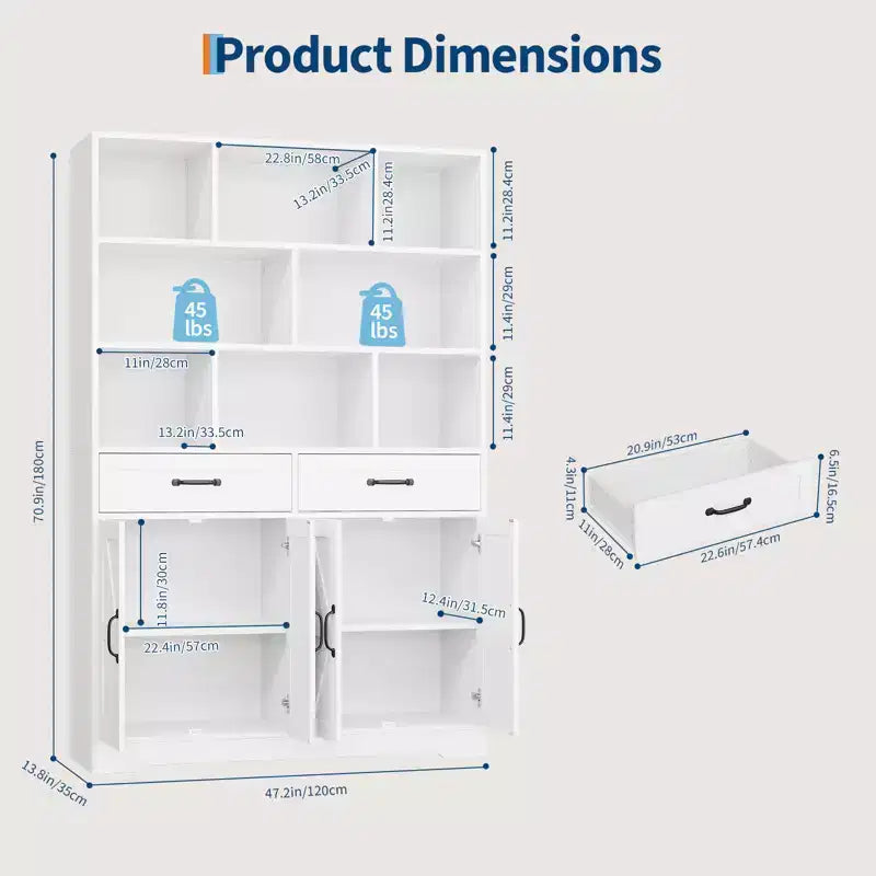 Libreria alta 180 cm con 2 cassetti e 4 ante, libreria moderna grande da 120 cm a 6 ripiani e armadio porta libri con ripiani per il soggiorno di casa