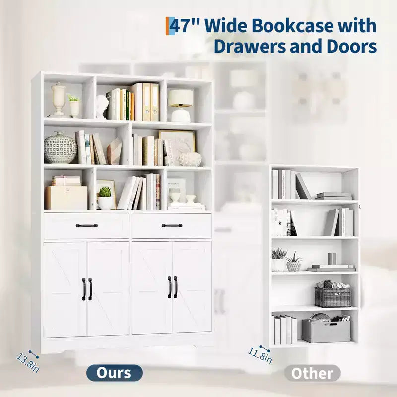 Libreria alta 180 cm con 2 cassetti e 4 ante, libreria moderna grande da 120 cm a 6 ripiani e armadio porta libri con ripiani per il soggiorno di casa