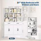 Libreria alta 180 cm con 2 cassetti e 4 ante, libreria moderna grande da 120 cm a 6 ripiani e armadio porta libri con ripiani per il soggiorno di casa