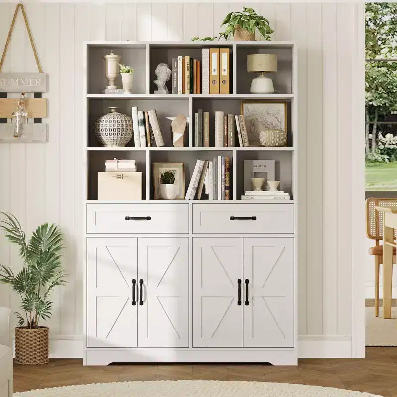 Libreria alta 180 cm con 2 cassetti e 4 ante, libreria moderna grande da 120 cm a 6 ripiani e armadio porta libri con ripiani per il soggiorno di casa