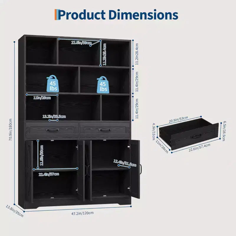 Libreria alta 180 cm con 2 cassetti e 4 ante, libreria moderna grande da 120 cm a 6 ripiani e armadio porta libri con ripiani per il soggiorno di casa