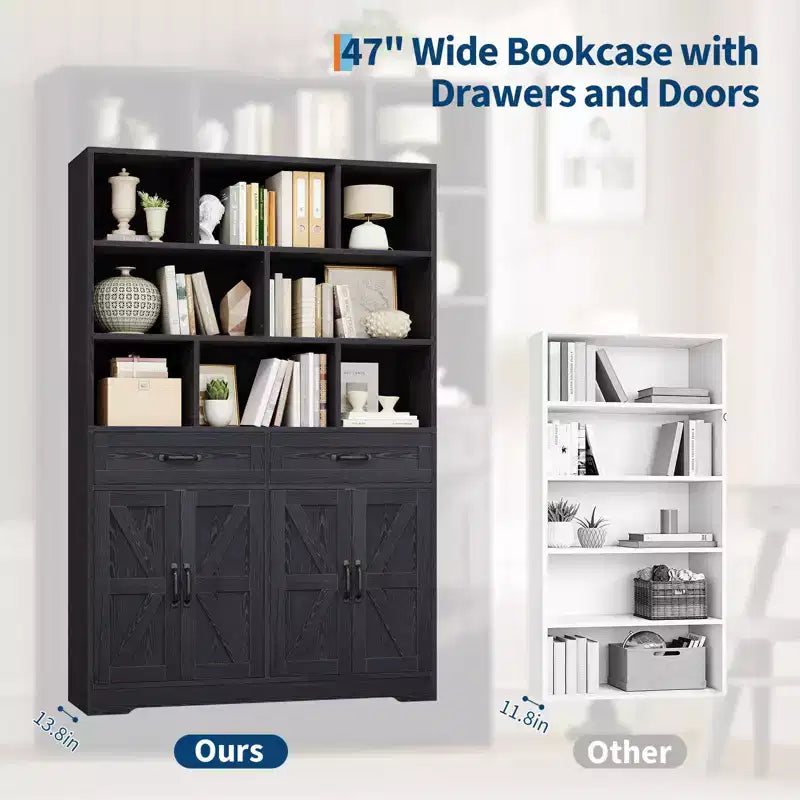 Libreria alta 180 cm con 2 cassetti e 4 ante, libreria moderna grande da 120 cm a 6 ripiani e armadio porta libri con ripiani per il soggiorno di casa