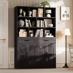 Libreria alta 180 cm con 2 cassetti e 4 ante, libreria moderna grande da 120 cm a 6 ripiani e armadio porta libri con ripiani per il soggiorno di casa