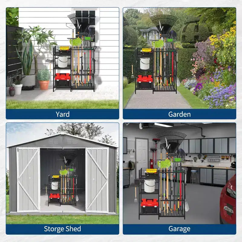 Organizzatore per attrezzi da giardino, Porta attrezzi da garage resistente con 6 ripiani e 35 fessure per manici lunghi, Organizzatori e contenitori per attrezzi autoportanti per capanno da giardino
