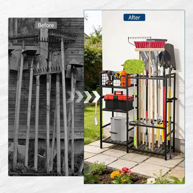 Organizzatore per attrezzi da giardino, Porta attrezzi da garage resistente con 6 ripiani e 35 fessure per manici lunghi, Organizzatori e contenitori per attrezzi autoportanti per capanno da giardino