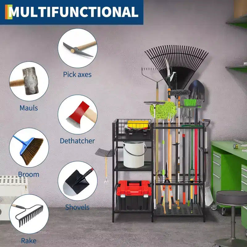 Organizzatore per attrezzi da giardino, Porta attrezzi da garage resistente con 6 ripiani e 35 fessure per manici lunghi, Organizzatori e contenitori per attrezzi autoportanti per capanno da giardino