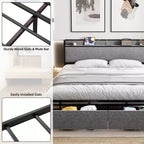 Telaio letto King Size con 2 cassetti portaoggetti, telai letto moderni con testiera a scaffale imbottita, senza rumore, non necessita di rete a molle, grigio