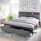 Telaio letto King Size con 2 cassetti portaoggetti, telai letto moderni con testiera a scaffale imbottita, senza rumore, non necessita di rete a molle, grigio