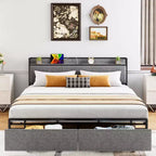 Telaio letto King Size con 2 cassetti portaoggetti, telai letto moderni con testiera a scaffale imbottita, senza rumore, non necessita di rete a molle, grigio
