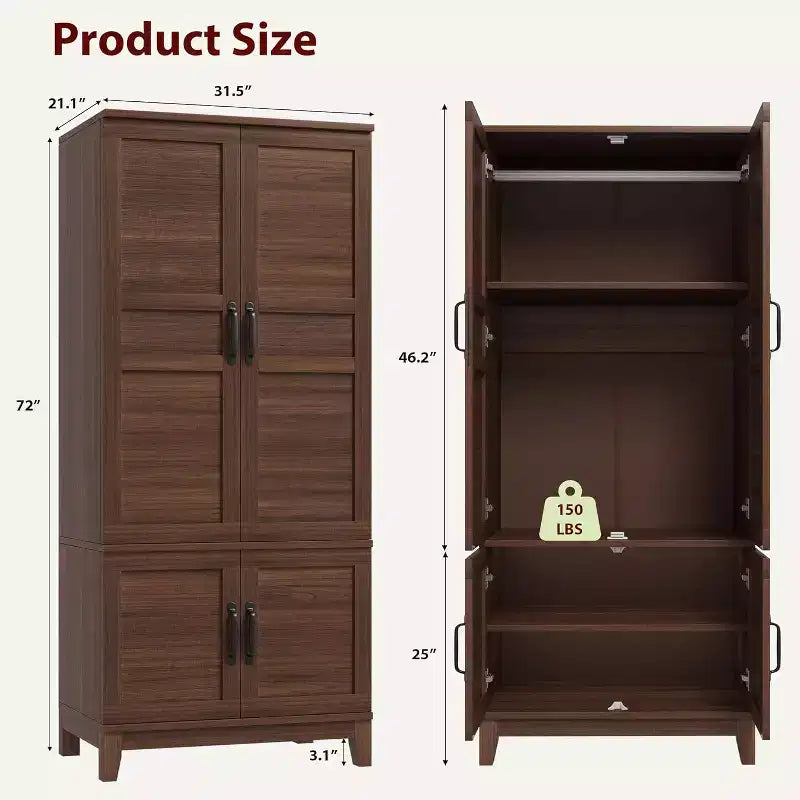 Armadio a 4 ante in legno da 183 cm con bastone appendiabiti e 18 ripiani regolabili per camera da letto, armadio per vestiti, per un guardaroba organizzato