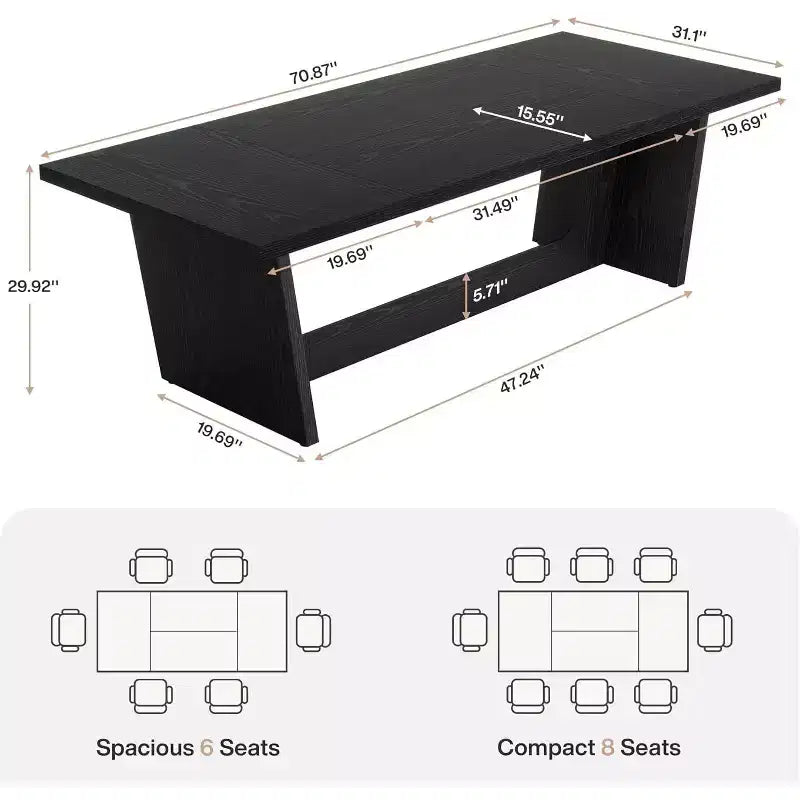 Tavolo da pranzo rettangolare grande da 180 cm per 6-8 persone, in legno, stile rustico con solido piedistallo, tavolo da cucina nero.