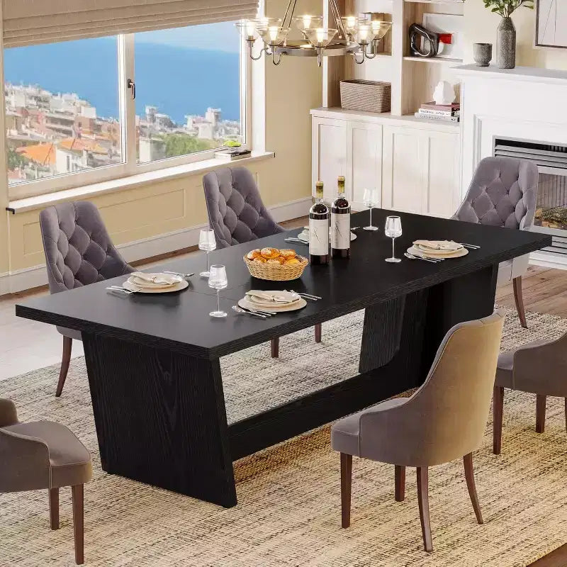 Tavolo da pranzo rettangolare grande da 180 cm per 6-8 persone, in legno, stile rustico con solido piedistallo, tavolo da cucina nero.