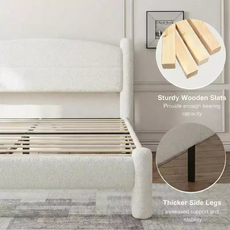 Letto Imbottito in Tessuto Bouclé, Letto a Piattaforma Cloud con Morbida Testiera Rotonda e Gambe Robuste, Nessuna Rete a Molle Necessaria, Bianco, Facile da Montare, Giroletto