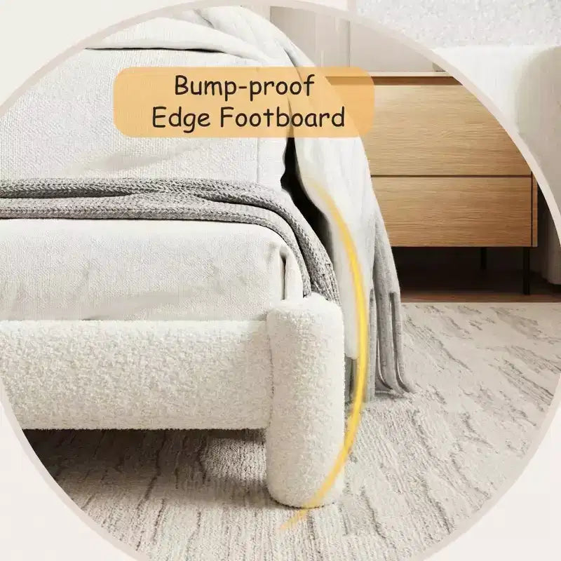 Letto Imbottito in Tessuto Bouclé, Letto a Piattaforma Cloud con Morbida Testiera Rotonda e Gambe Robuste, Nessuna Rete a Molle Necessaria, Bianco, Facile da Montare, Giroletto