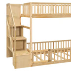 Letto a castello Twin su Twin con struttura e sponde a forma di staccionata, scaletta con contenitore