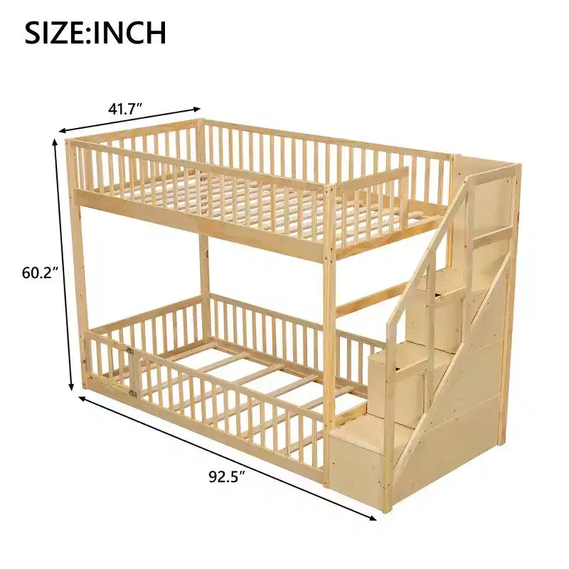 Letto a castello Twin su Twin con struttura e sponde a forma di staccionata, scaletta con contenitore