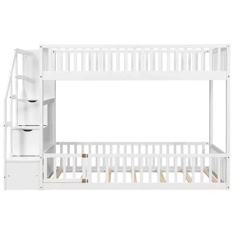 Letto a castello Twin su Twin con struttura e sponde a forma di staccionata, scaletta con contenitore