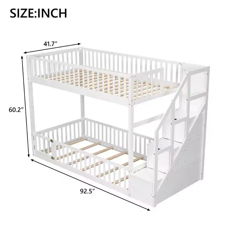 Letto a castello Twin su Twin con struttura e sponde a forma di staccionata, scaletta con contenitore