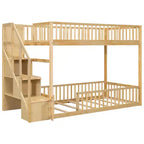 Letto a castello Twin su Twin con struttura e sponde a forma di staccionata, scaletta con contenitore