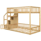 Letto a castello Twin su Twin con struttura e sponde a forma di staccionata, scaletta con contenitore