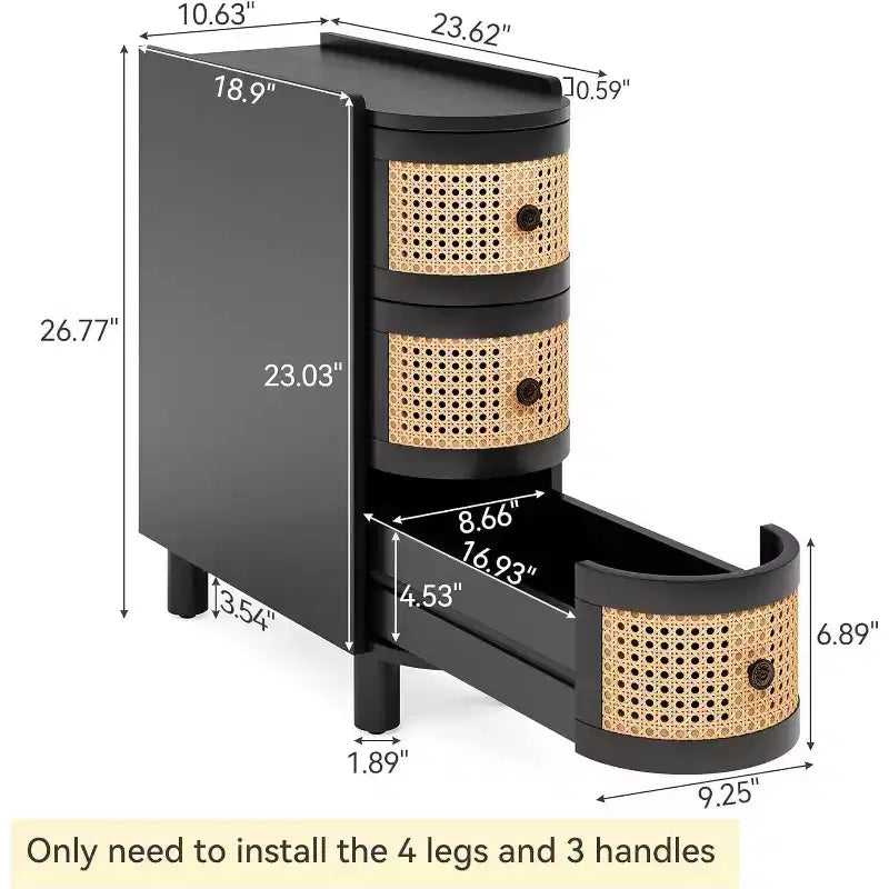 Tavolino stretto in rattan con 3 cassetti: Nessun montaggio, legno massello, ideale per soggiorno, camera da letto, ufficio, bagno, nero.