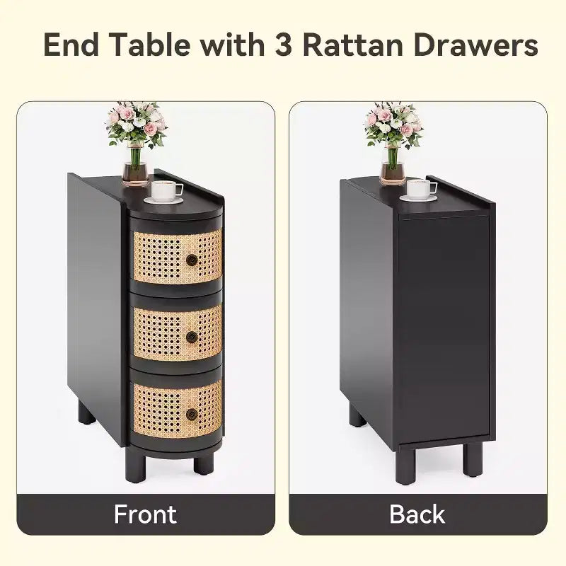 Tavolino stretto in rattan con 3 cassetti: Nessun montaggio, legno massello, ideale per soggiorno, camera da letto, ufficio, bagno, nero.