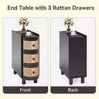 Tavolino stretto in rattan con 3 cassetti: Nessun montaggio, legno massello, ideale per soggiorno, camera da letto, ufficio, bagno, nero.