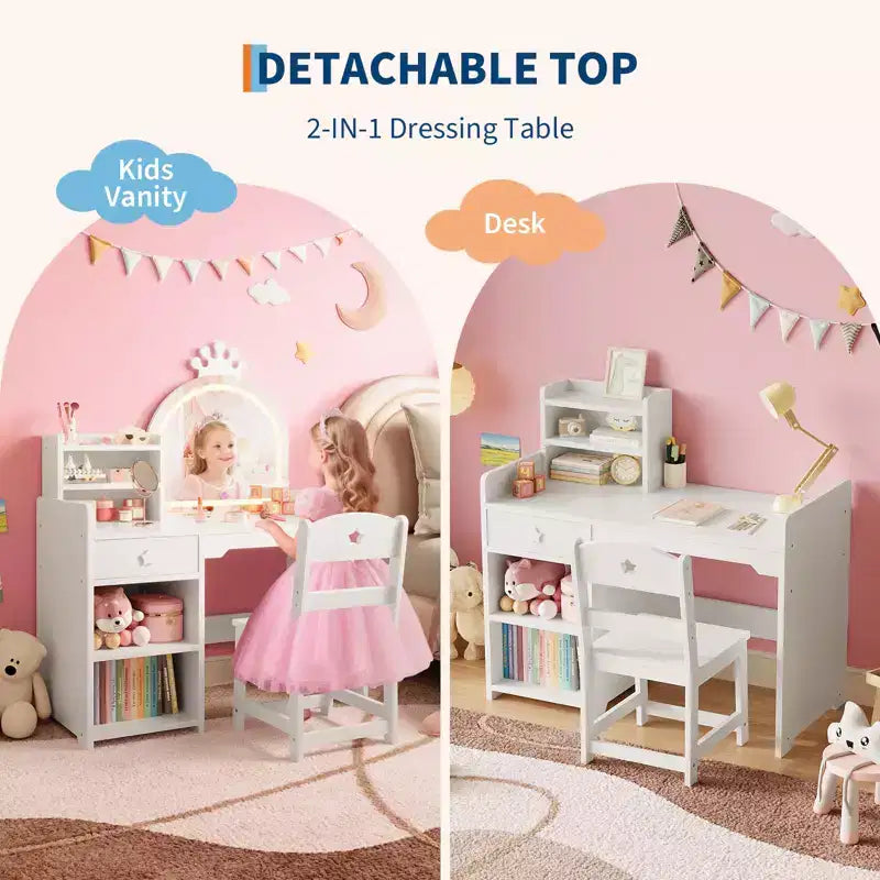 Tavolino da trucco per bambini con specchio a corona illuminato a LED, scrivania da trucco da principessa con cassetti e ripiani aperti, set da trucco con sedia per camera da letto