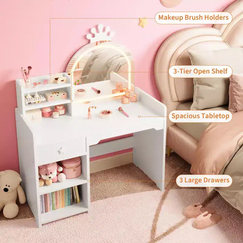 Tavolino da trucco per bambini con specchio a corona illuminato a LED, scrivania da trucco da principessa con cassetti e ripiani aperti, set da trucco con sedia per camera da letto